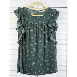LOFT Floral Ruffle Blouse Women XL Green Sleeveless Flowy Top